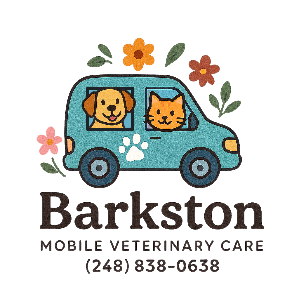 Barkston Mobile Veterinary Care – illustrated van with dog and cat